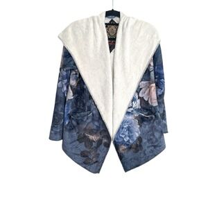 NWT Johnny Was BIYA Grey Blue Peony Sherpa Jacket Sweater Sz S Floral Teddy Cozy